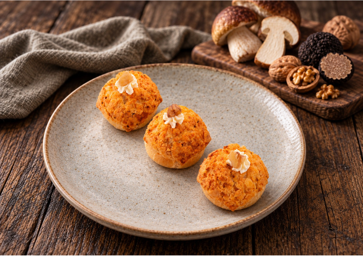 Choux craquelin, crème truffée aux cèpes, champignons poêlés et éclats de noix