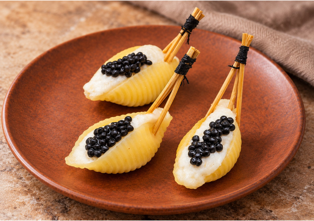 Conchiglie, mousseline de cabillaud, caviar avruga