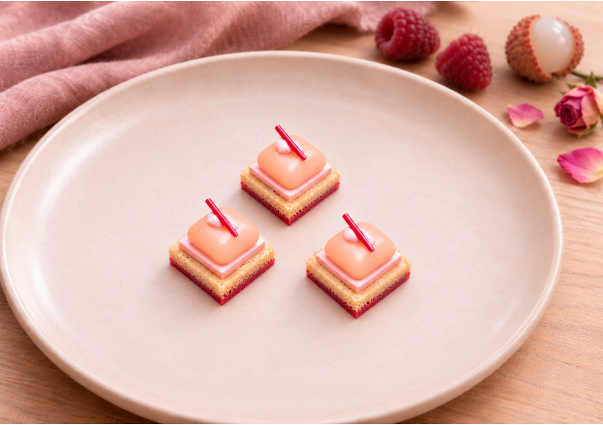 Financier aux pétales de rose, chablonné de chocolat croustillant à la framboise, confit de litchi