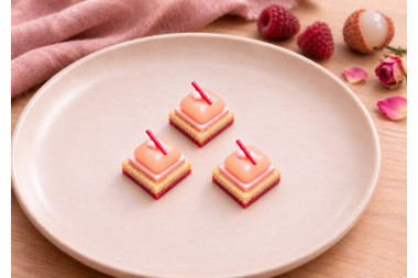 Financiers aux pétales de rose, chocolat croustillant à la framboise, confit de litchi