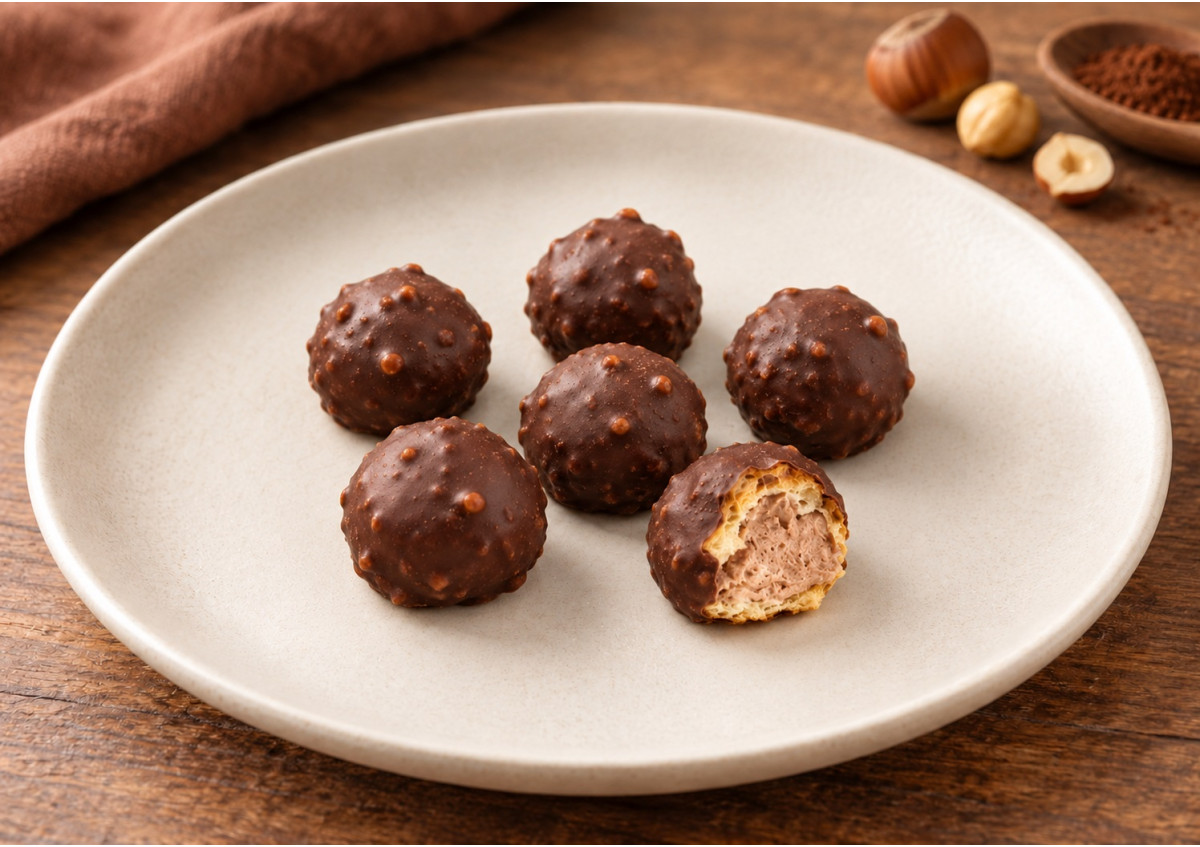 Chou praliné en coque de chocolat et éclats de noisettes