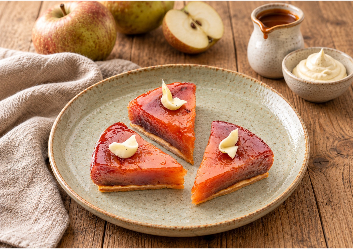 Pommes Canada caramélisées façon Tatin, accompagnées d’une crème épaisse fouettée