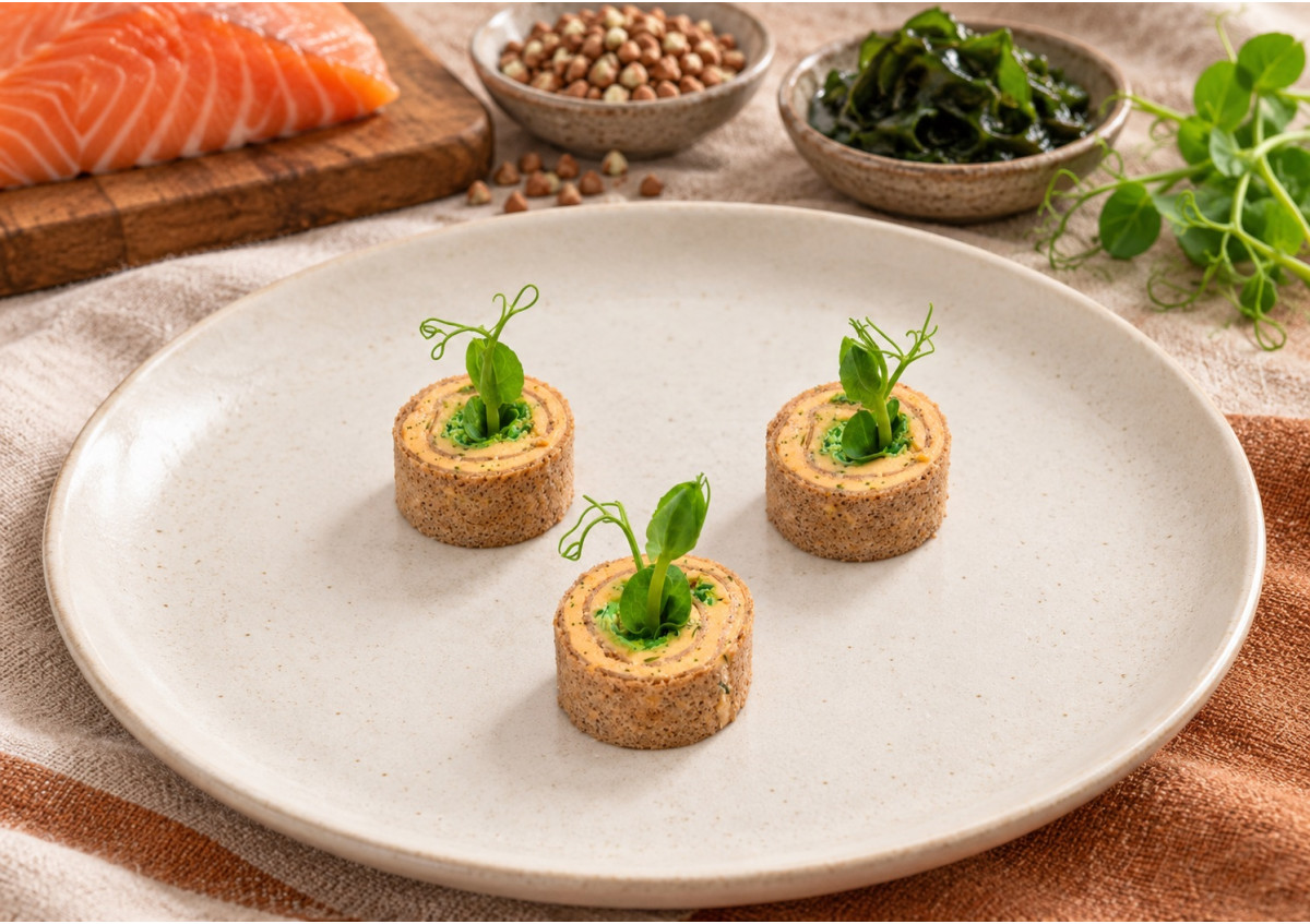 Galette sarasin de rillettes de saumon au wakamé, affila cress